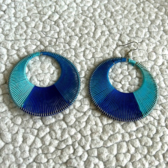 Large Round Blue Fabric Earrings for Pierced Ears - Picture 4 of 6